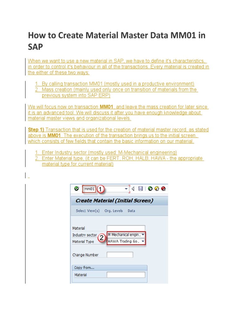 How to Create Material Master Data MM01 in SAP | PDF | Warehouse | Plants