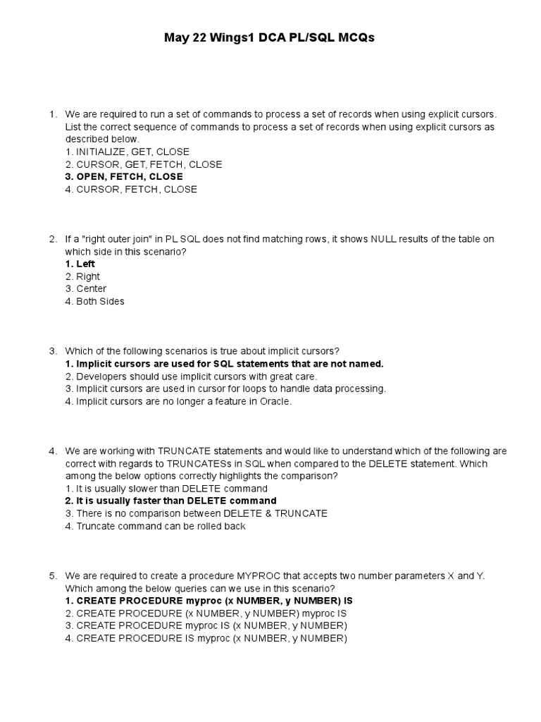 May 22 Wings1 DCA PL - SQL MCQs | PDF | Pl/Sql | Computer Programming