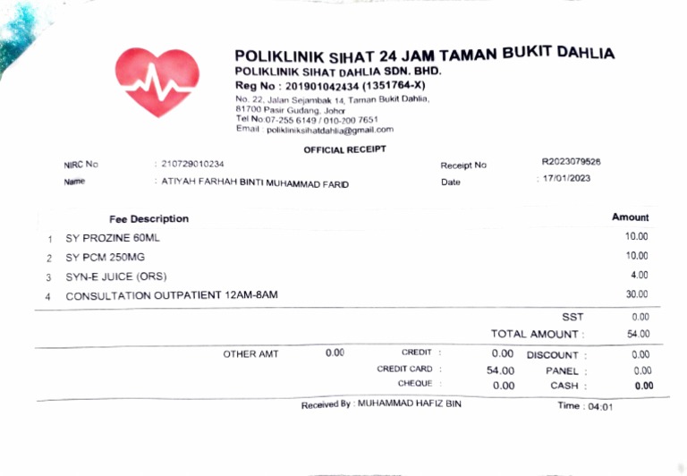 Official Receipt for Poliklinik Sihat | PDF