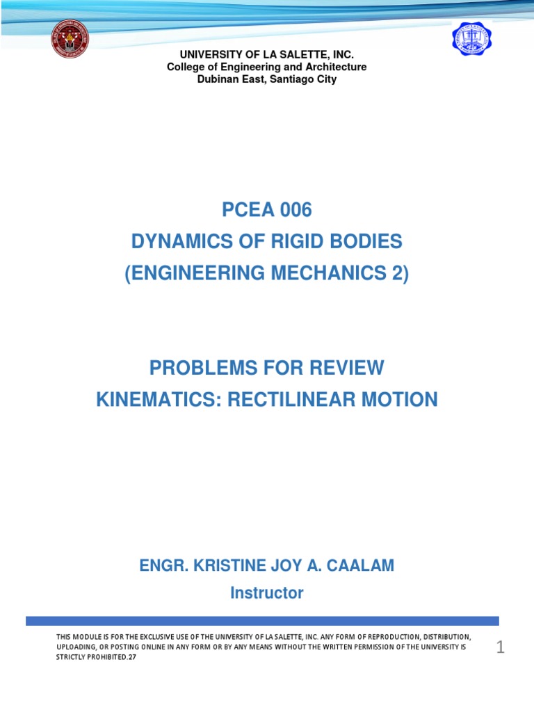 PCEA 006 Module 1 Kinematics (Rectilinear Motion) Sample Problems