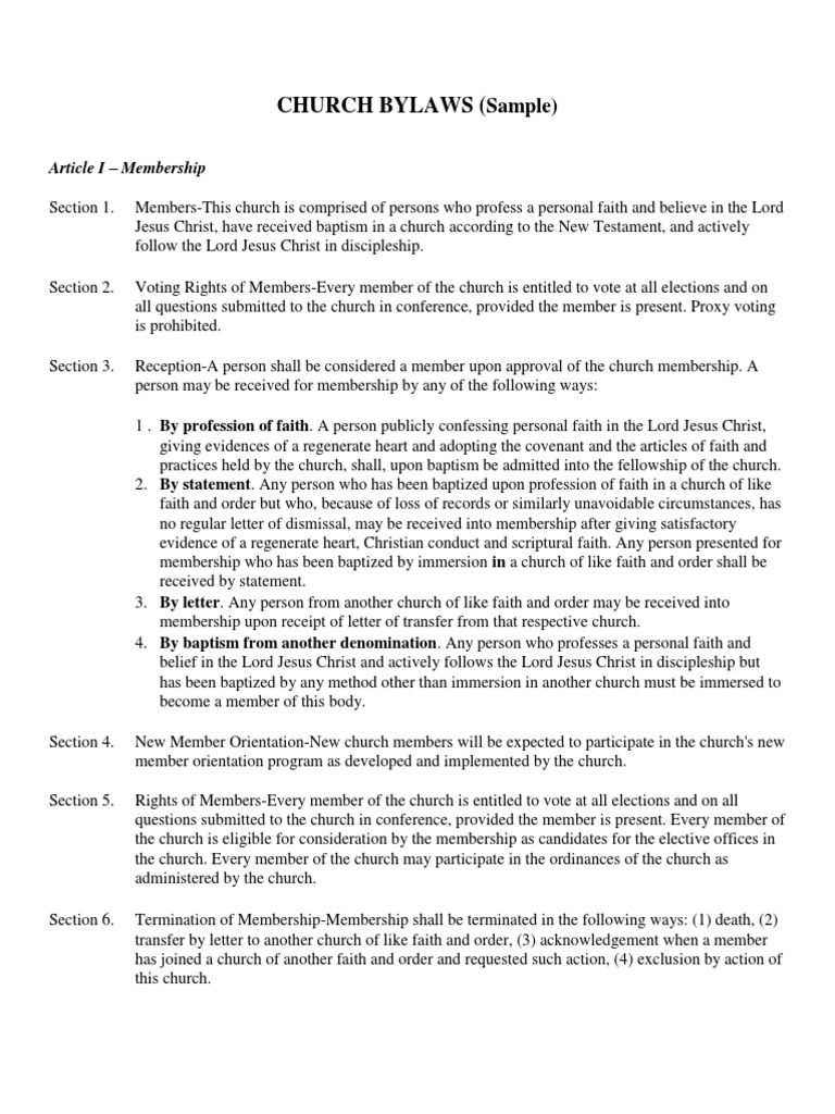 Church Bylaws Sample PDF Baptism Christian Church