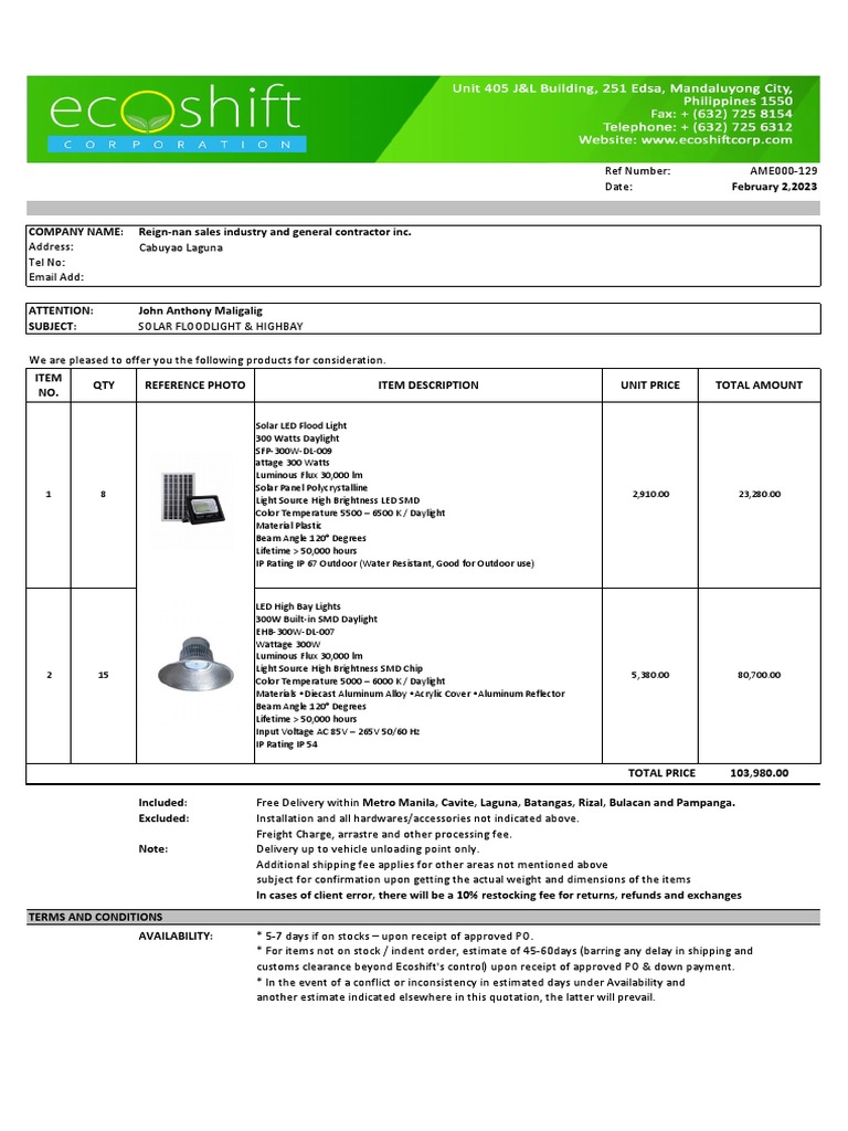 Quotation for Solar Lights Supply | PDF