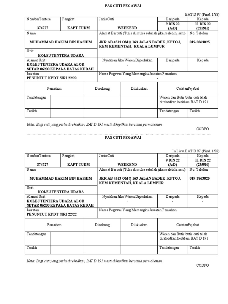 Pas Cuti Kapt Hakim | PDF