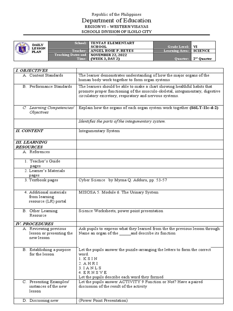 The integumentary system a detailed daily lesson plan for teaching