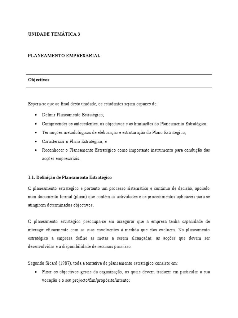 UNIDADE TEMÁTICA 3.a | PDF | Planejamento estratégico | Planejamento