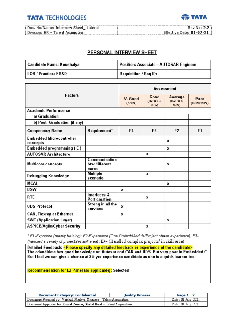 FTE Interview Assessment AUTOSAR Koushalya | PDF | Concept | Learning
