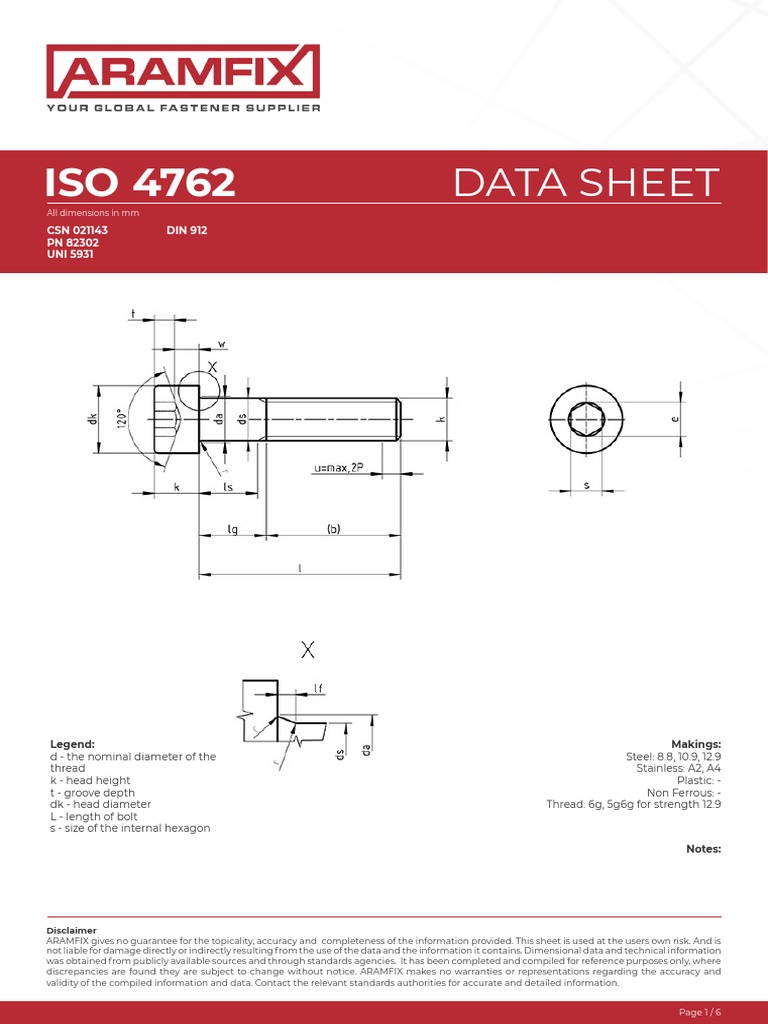 ISO 4762 Bolt Specifications Data Sheet | PDF | Steel | Screw
