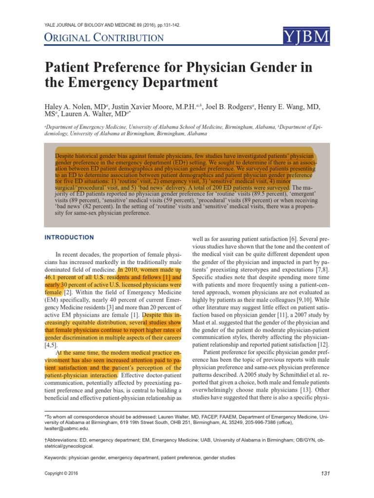 Patient Preference For Physician Gender in The Emergency Department ...