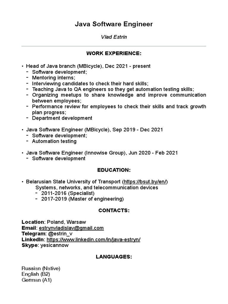 CV Estrin Software Engineer PDF | PDF | Spring Framework | Computing