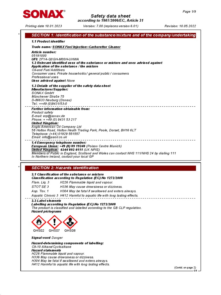 SDB z51900005 Sonax Fuel Injection Carburettor Cleaner GB en