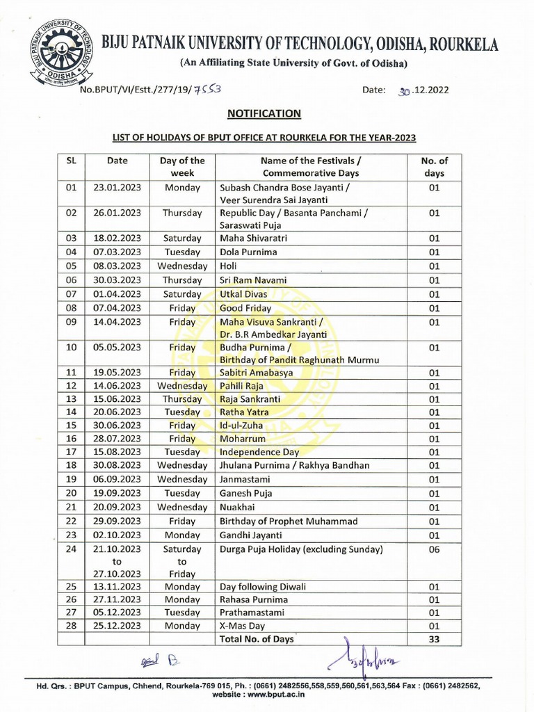 Holiday List BPUT Office and Vacational Staff For The Year 2023 PDF