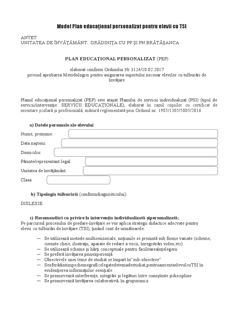 Model Plan Educaţional Personalizat Pentru Elevii Cu TSI | PDF