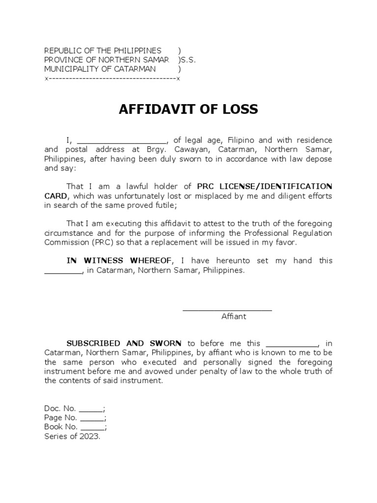 Affidavit of loss format prc pdf