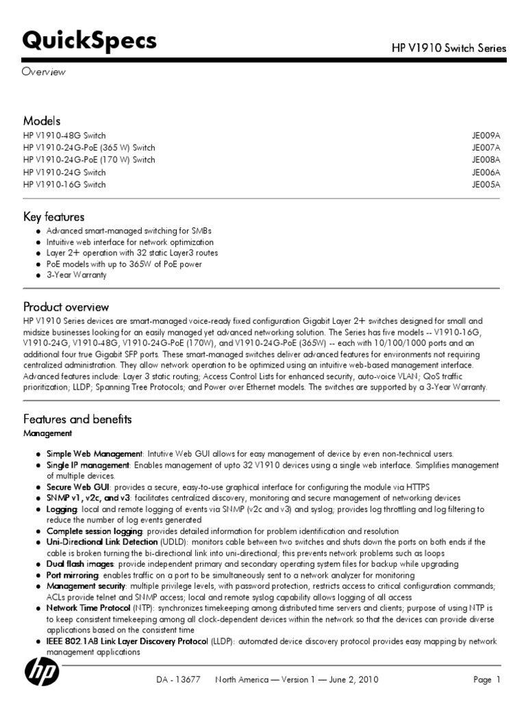 HP 1910 Series en | PDF | Computer Network | Network Switch