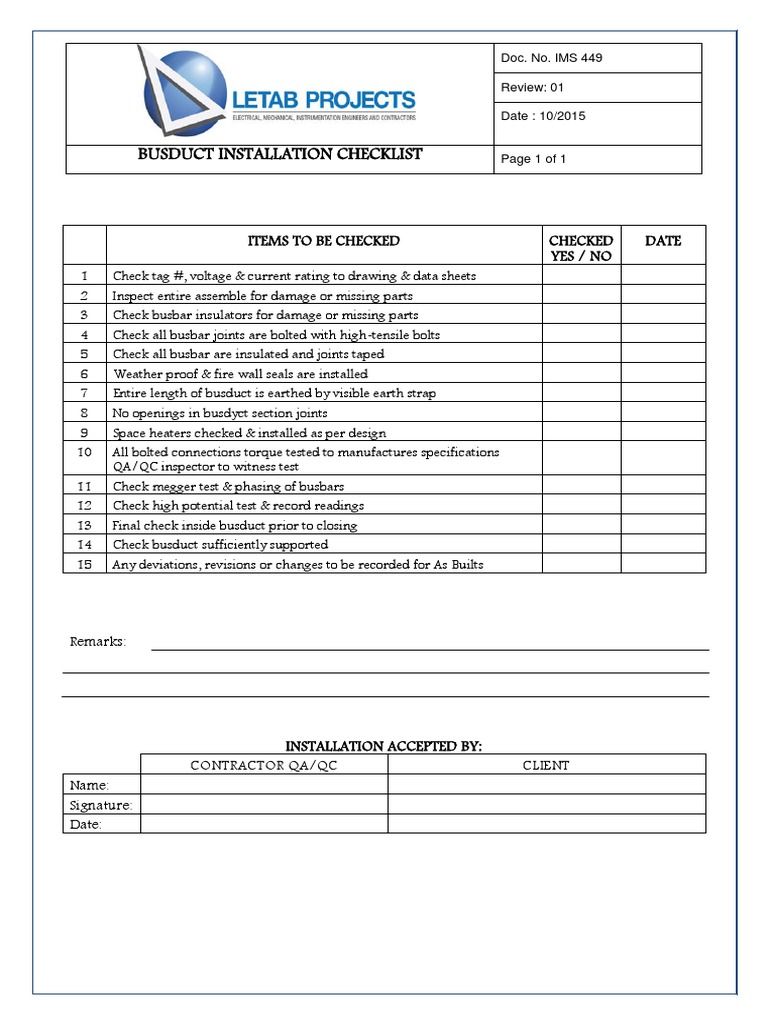 Busduct Installation Checklist | PDF | Technology & Engineering