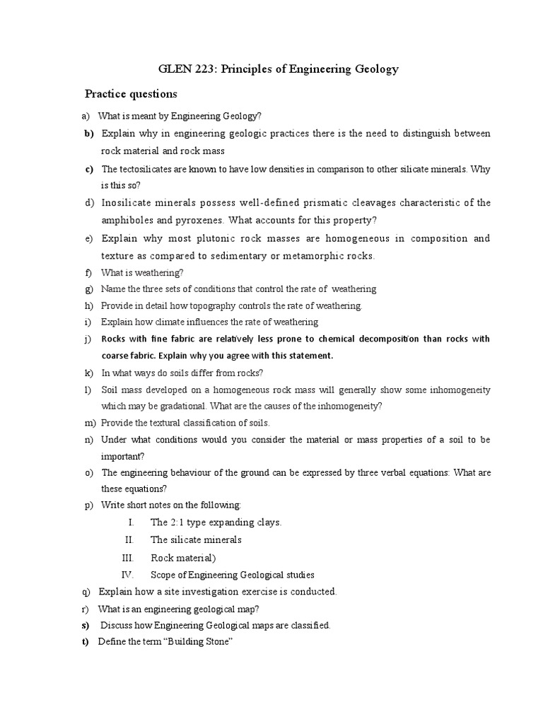 GLEN 223 Principles of Engineering Geology Practice Questions PDF