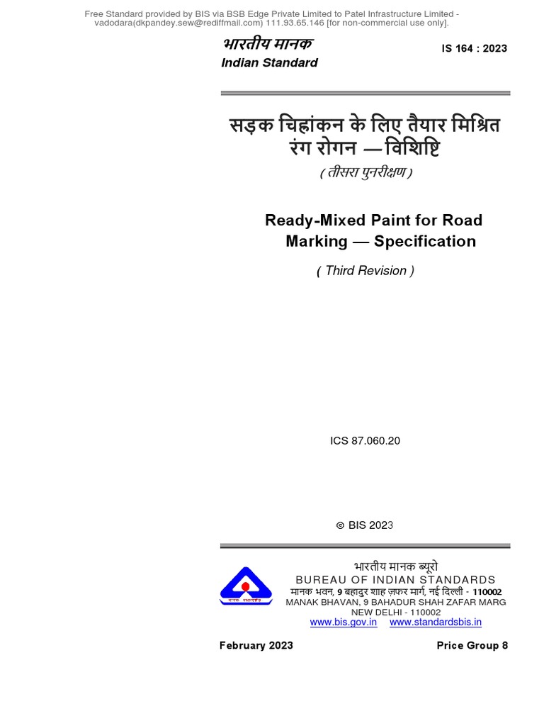 ReadyMixed Paint For Road Marking Specification Indian Standard