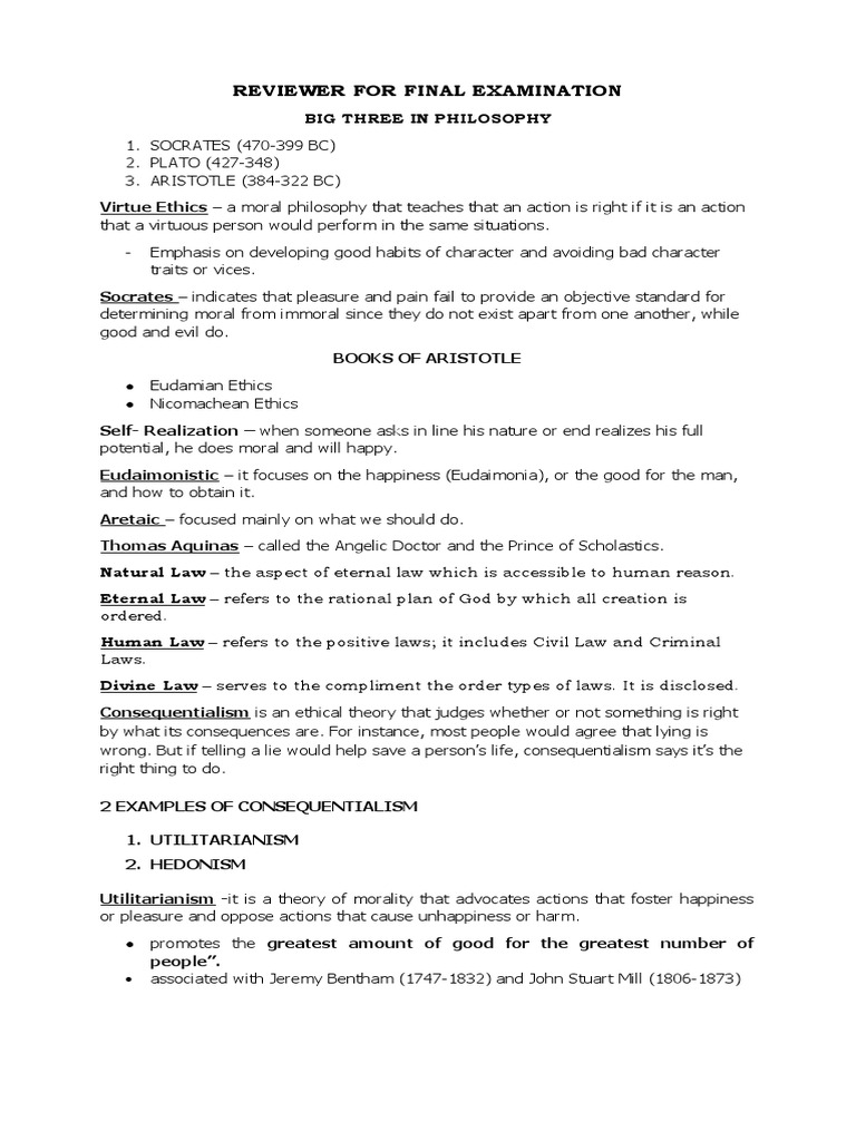Reviewer For Final Examination | PDF | Utilitarianism | Virtue Ethics