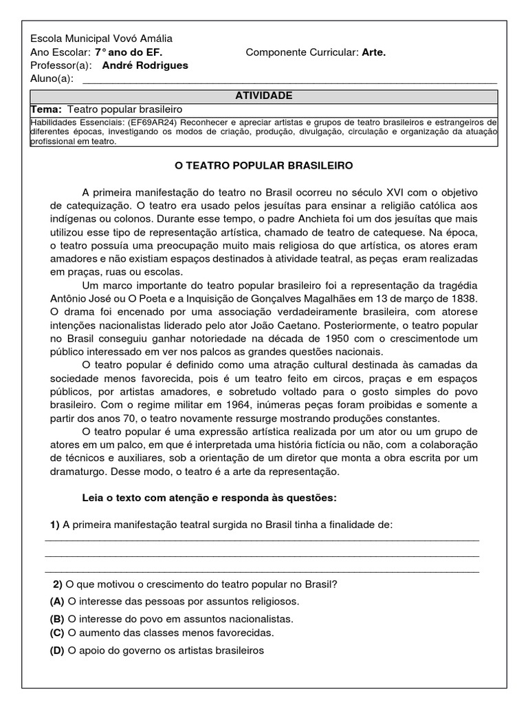 ATIVIDADES DIVERSAS CLÁUDIA: Prova de Arte - 9ano - Teatro, artes visuais -  PET