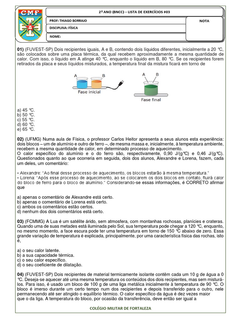 Exercícios de Física: Calor e Termodinâmica | PDF | Calor | Temperatura
