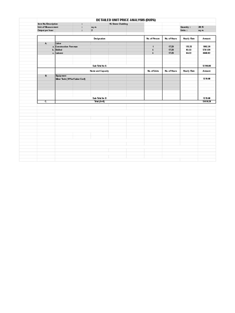 Stone Cladding Unit Price Analysis | PDF | Technology & Engineering
