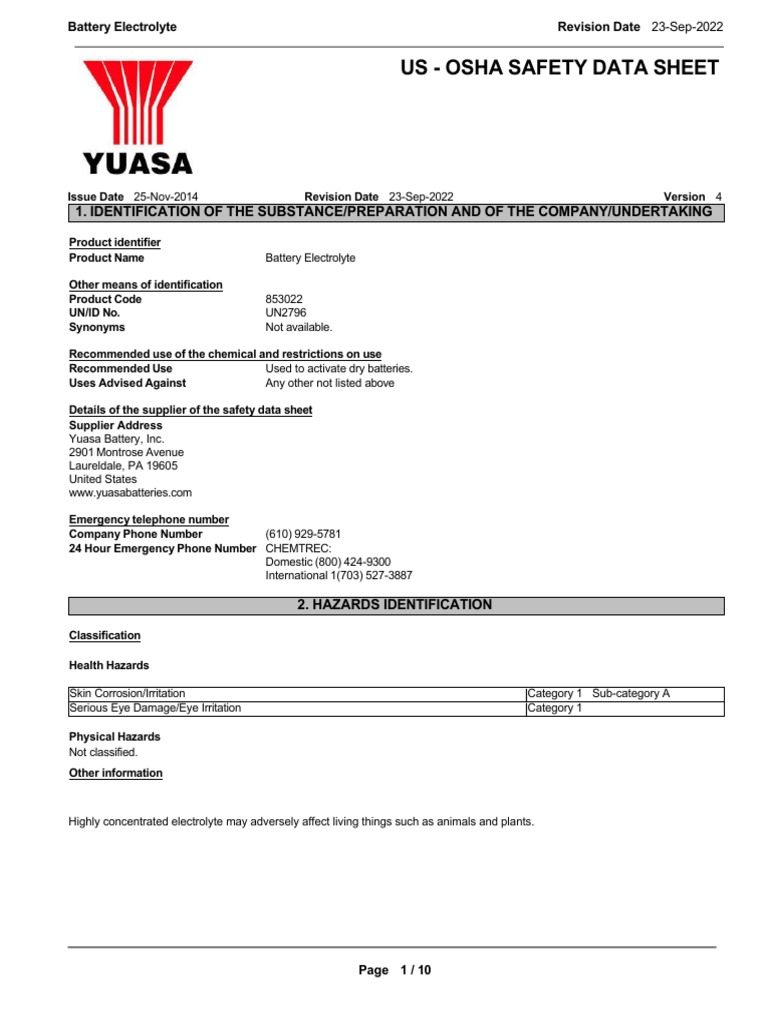 Battery Electrolyte Yuasa Battery | PDF | Personal Protective Equipment ...