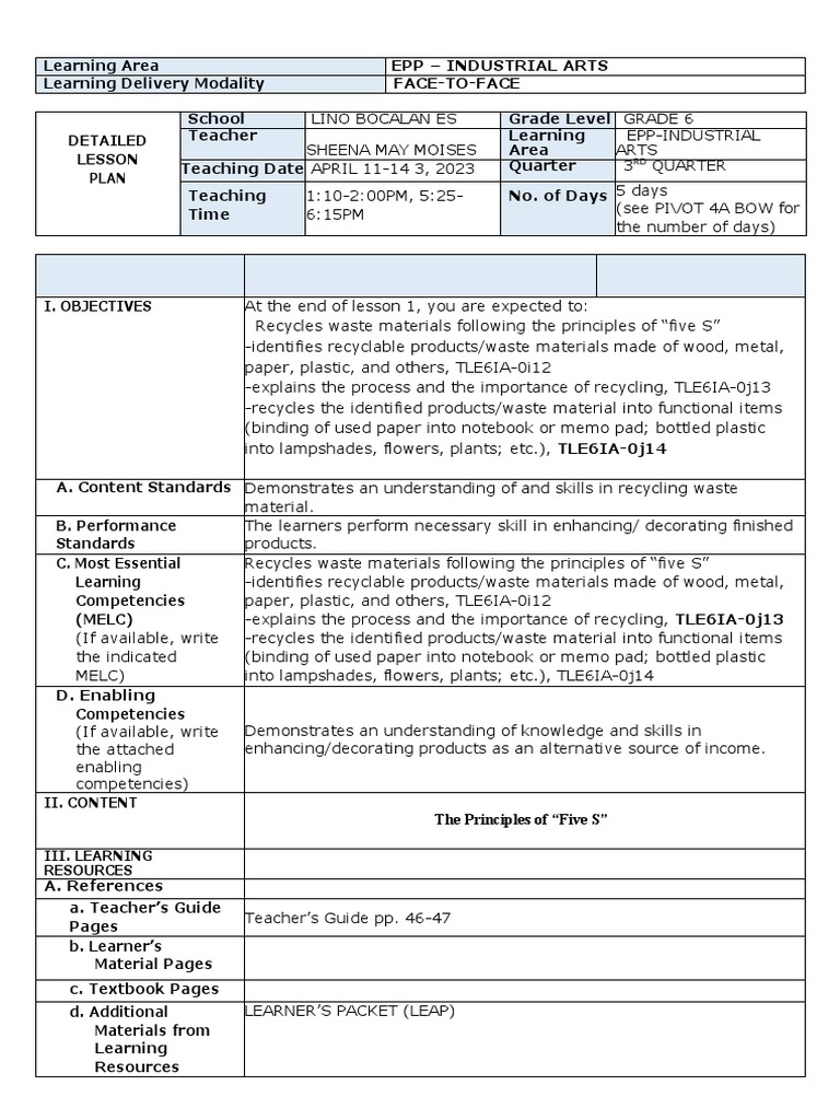 Recycling Lesson Plan for Grade 6 | PDF | Recycling | Plastic