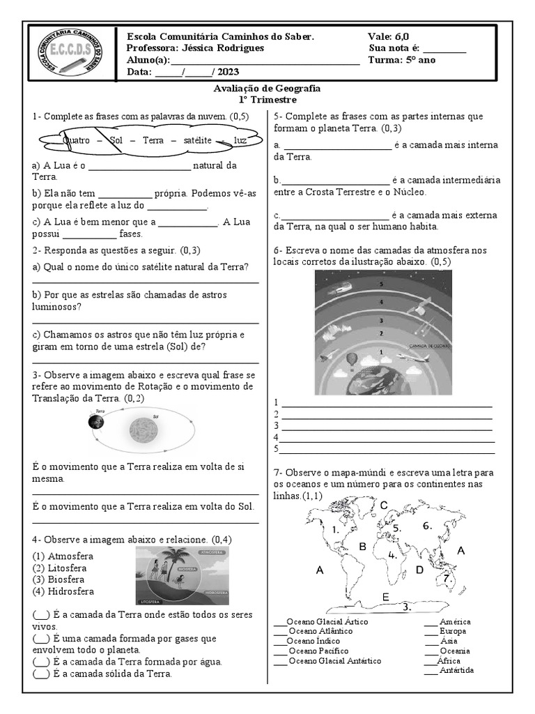 Avaliação de Geografia 5º Ano | PDF | Terra | Lua