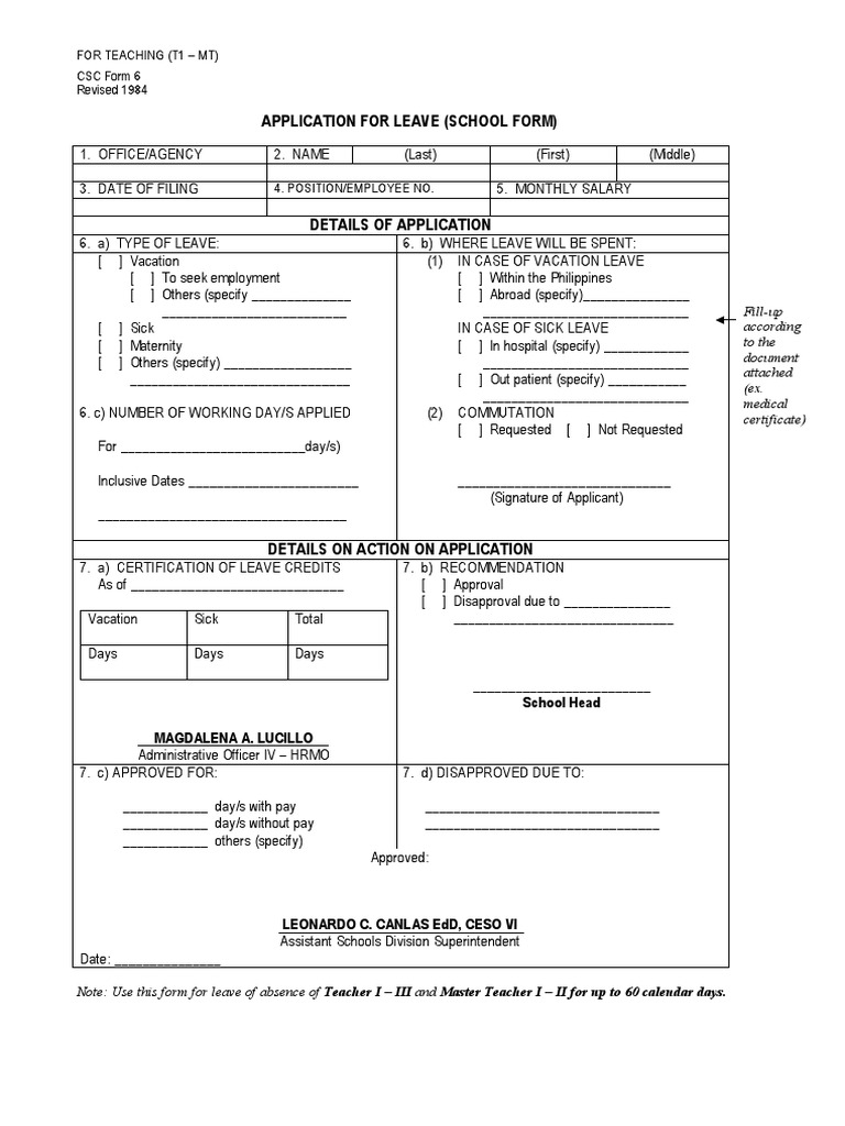 Application for Teacher Leave Form | PDF | Sick Leave | Health Care
