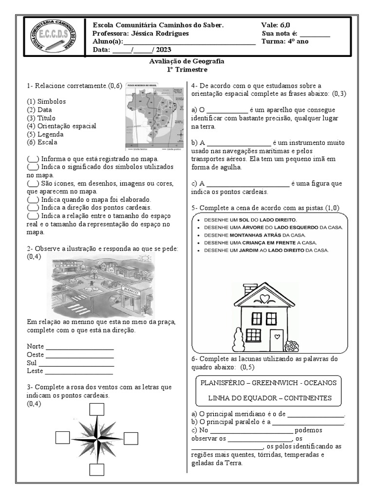 Avaliação de Geografia 4º Ano 1º Trimestre 2022 | PDF | Terra | Mapa