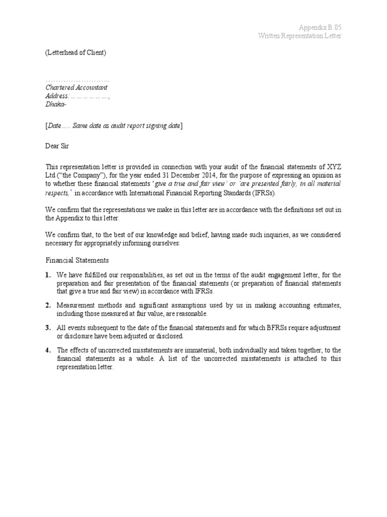 Format of Management Representation Letter PDF