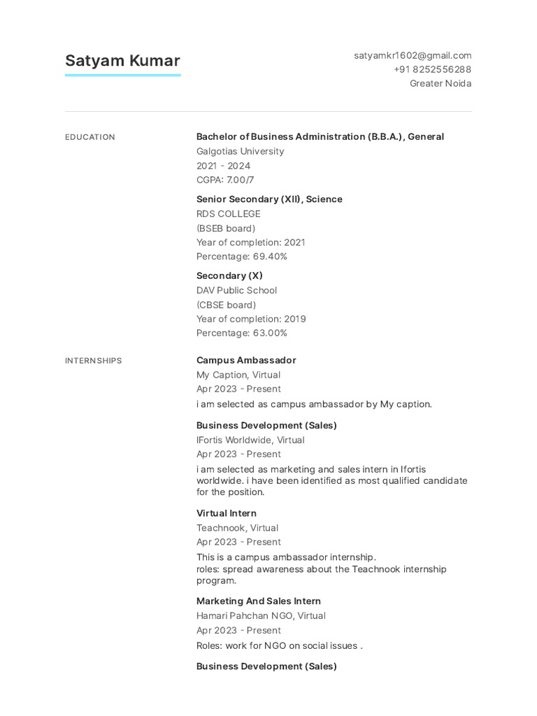Satyam Kumar's BBA Resume and Internships | PDF | Career & Growth ...
