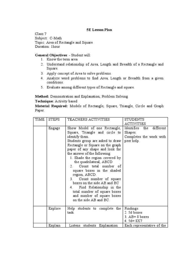 5E Lesson Plan PDF Area Prices