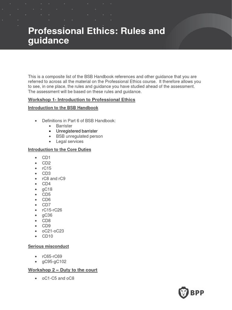 Prof Ethics List of Rules and Guidance 2122 Version 130921 PDF