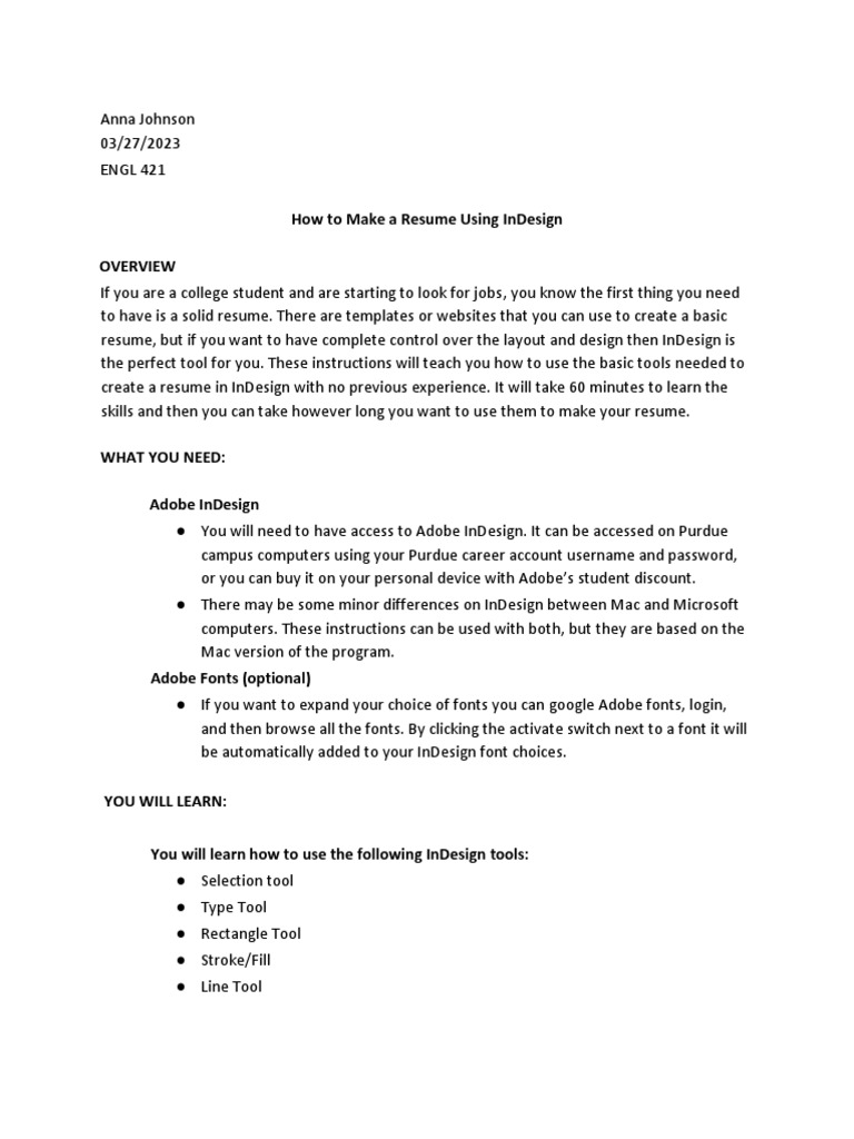 Indesign Resume Instructions PDF Adobe In Design Cursor (User
