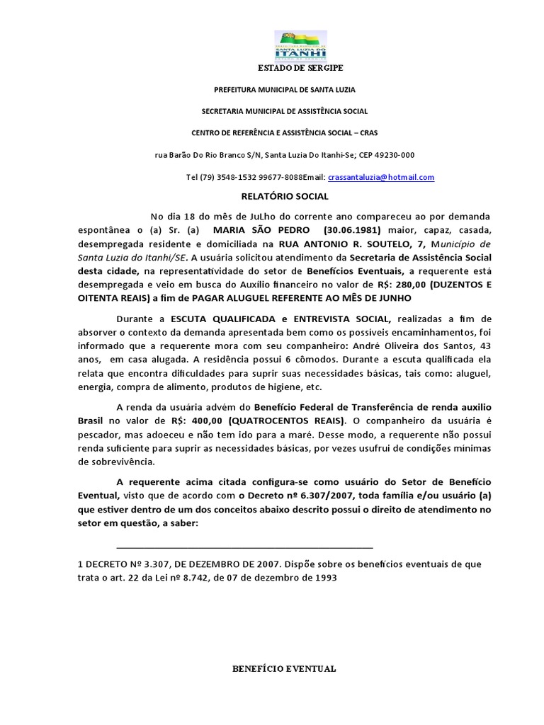 Relatório sobre solicitação e concessão de benefício eventual para ...