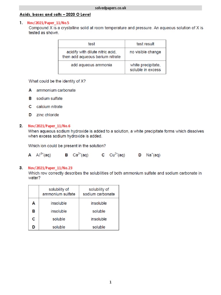 2020 Acids Bases and Salts O Level 5070 | PDF