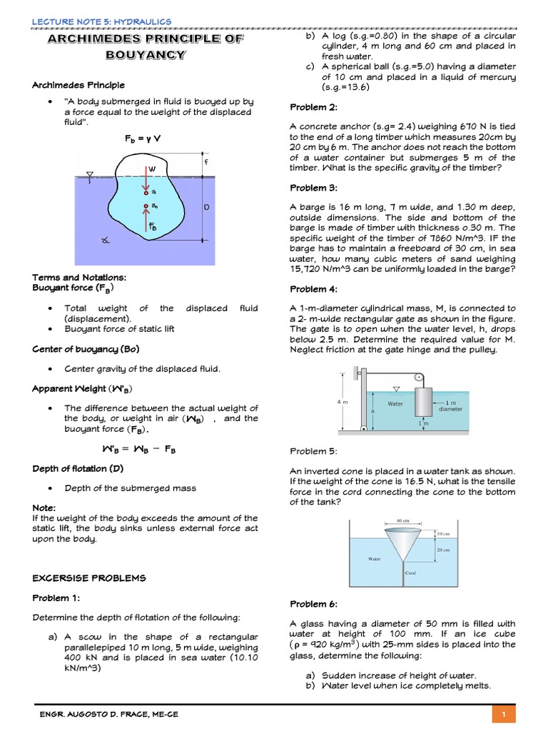 Hydraulics Lecture Notes 5 Archimedes Principle of Bouyancy PDF Buoyancy Weight