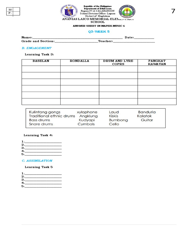 MAPEH Music 6 Q3 Week 5 Answer Sheet | PDF