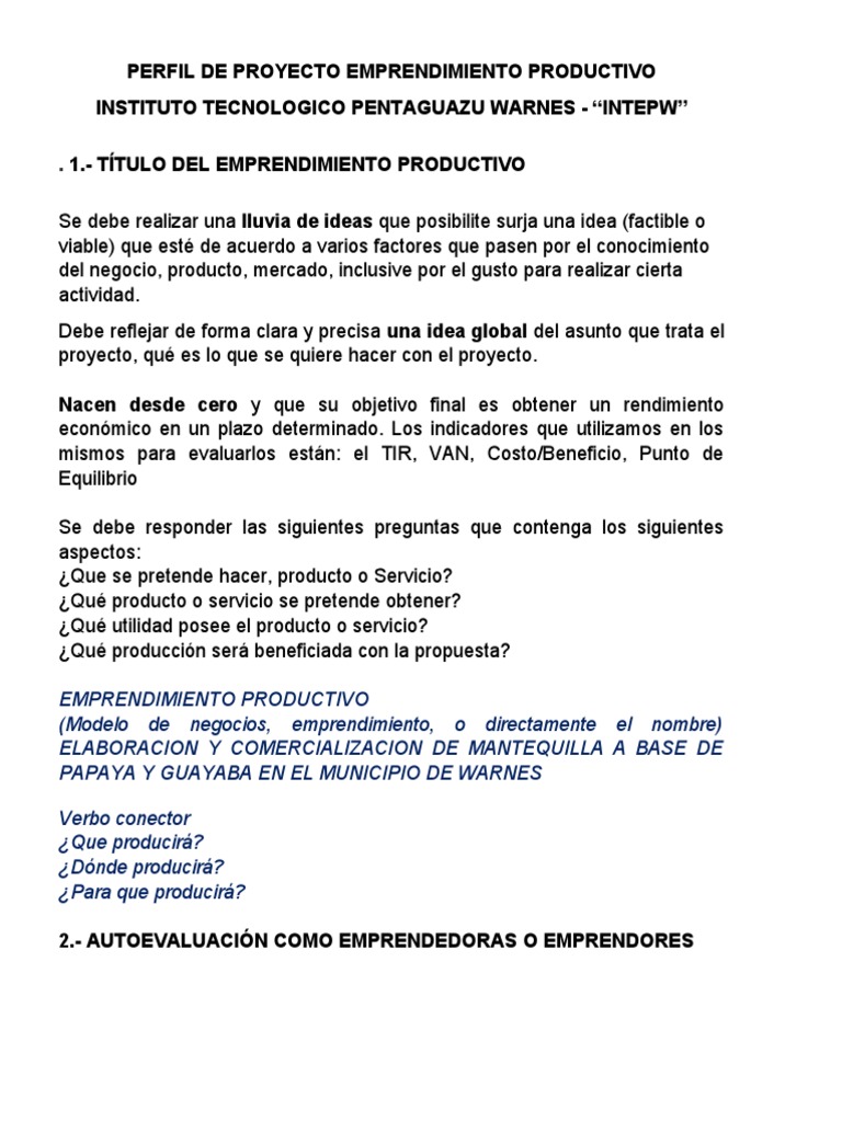 Perfil de Proyecto de Emprendimiento Productivo | PDF | Iniciativa ...