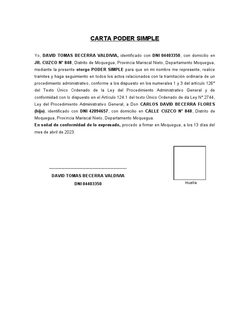Formato de Carta Poder Simple 01 | PDF