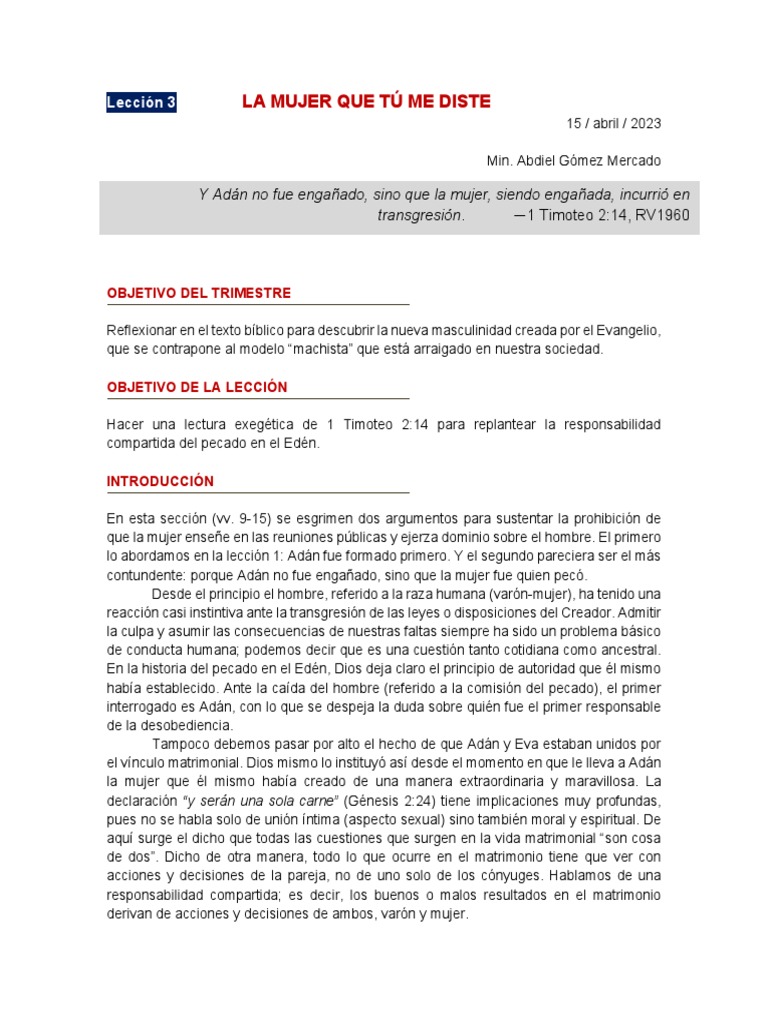 La Mujer que Tú Me Diste: Reflexiones Bíblicas | PDF | Adán y Eva | Víspera