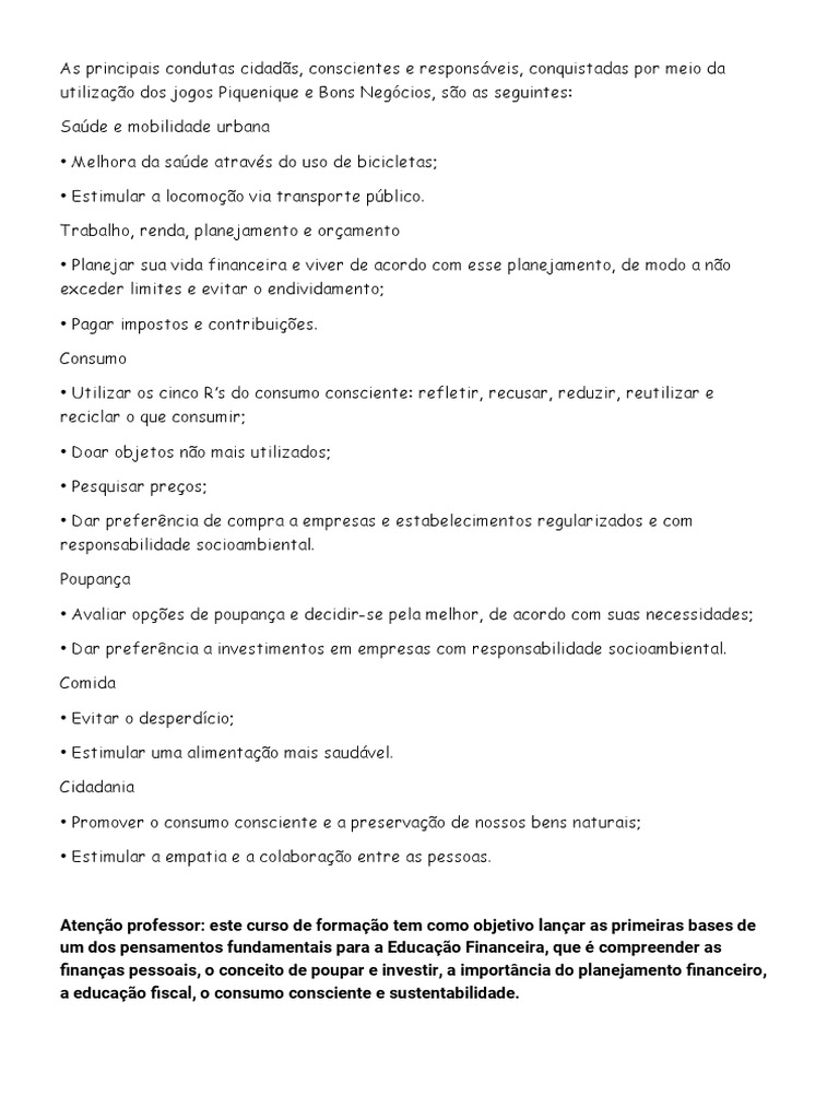 Condutas Cidadãs e Sustentáveis em Jogos | PDF