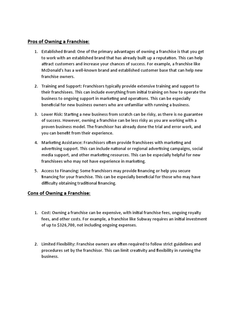Pros and Cons of Owning A Franchise PDF Franchising Market