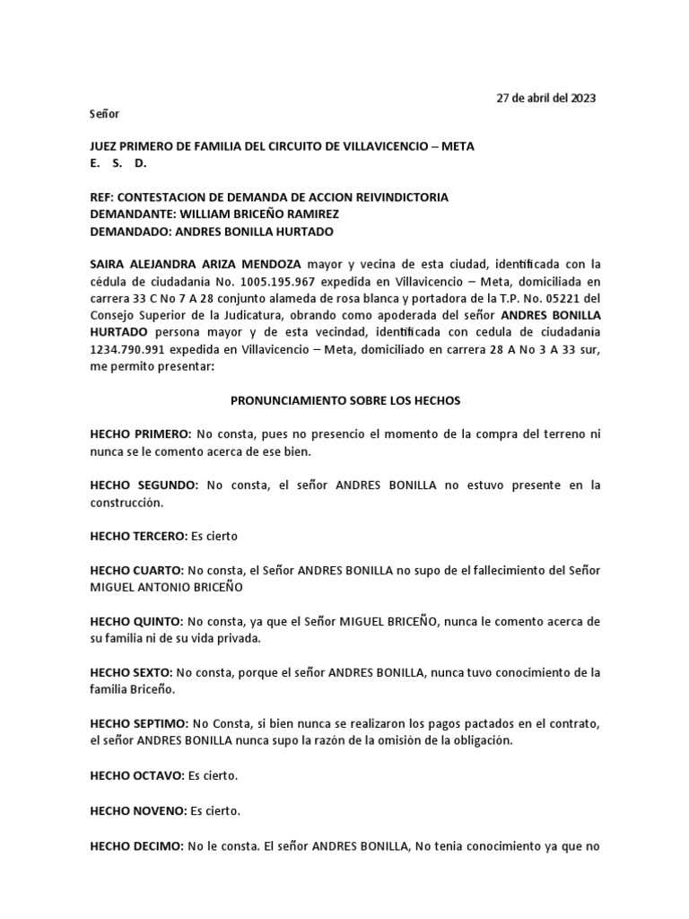 Contestación a Demanda Reivindicatoria | PDF