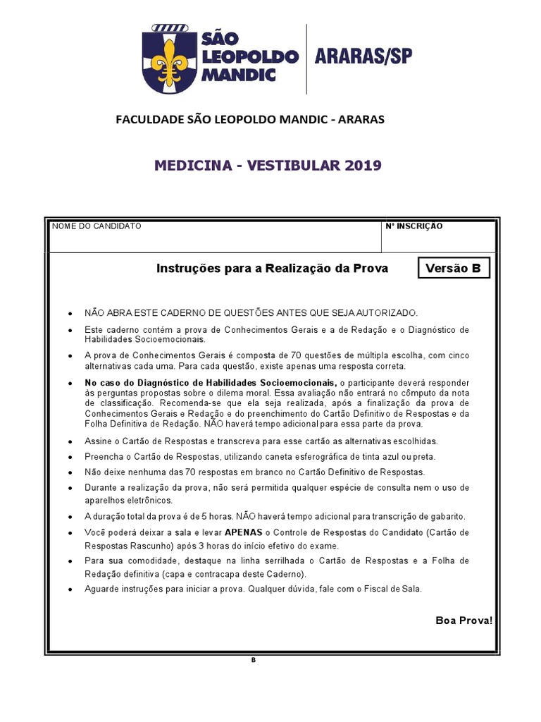 Instruções para a Realização da Prova de Vestibular para o Curso de ...