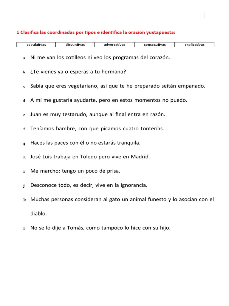 Ejercicios de oraciones coordinadas y yuxtapuestas | PDF