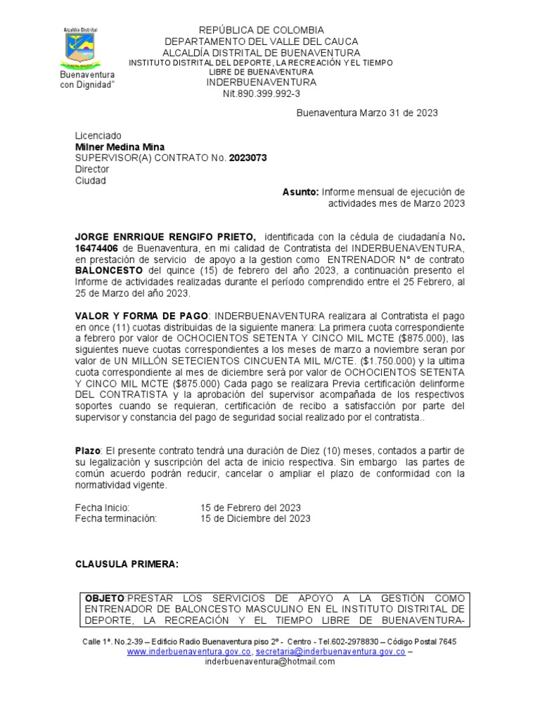 Formato Informe Mensual Marzo 2023 PDF Colombia