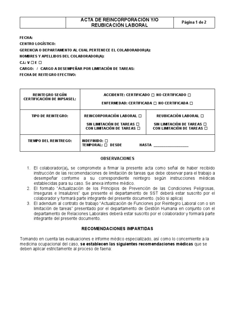 Acta de Reincorporación Laboral | PDF