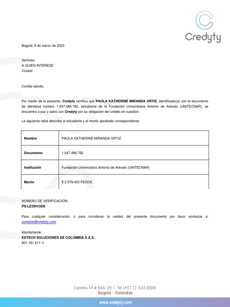 Certificación de Paz y Salvo - Credyty | PDF